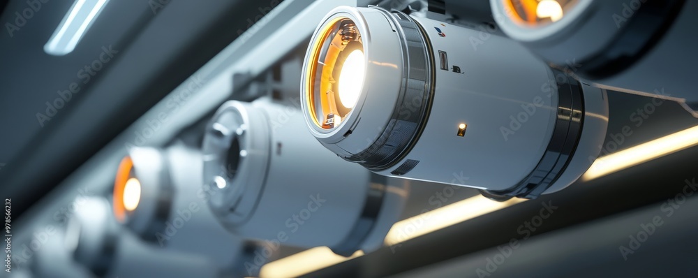 Poster close-up view of modern camera lens with advanced technology, showcasing precision and innovation in