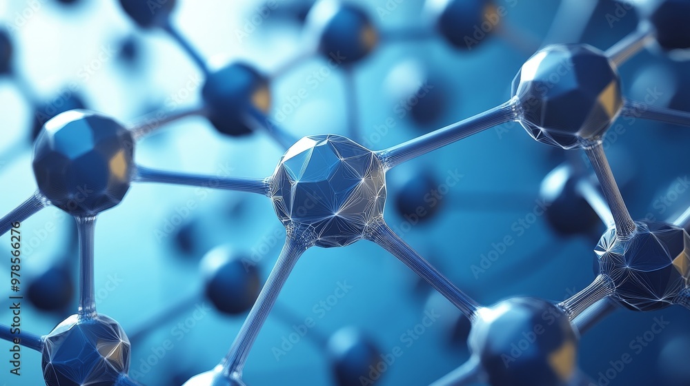 Poster close-up view of interconnected atoms showcasing molecular structures in a blue and futuristic theme