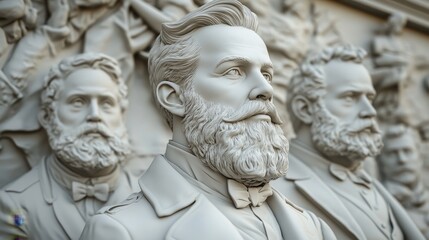 Detailed sculpture of men with beards, featuring intricate craftsmanship and historical significance.