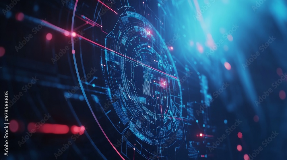 Poster futuristic digital interface with vibrant colors and intricate lines, representing advanced technolo