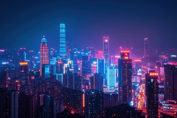 Fototapeta premium A vibrant city skyline illuminated by colorful lights at night.