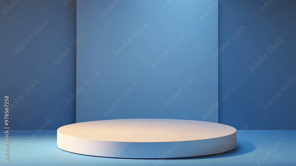 Poster minimalistic stage with a circular platform and blue walls, perfect for presentations and displays i