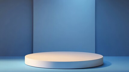 Fototapeta premium Minimalistic stage with a circular platform and blue walls, perfect for presentations and displays in a modern setting.