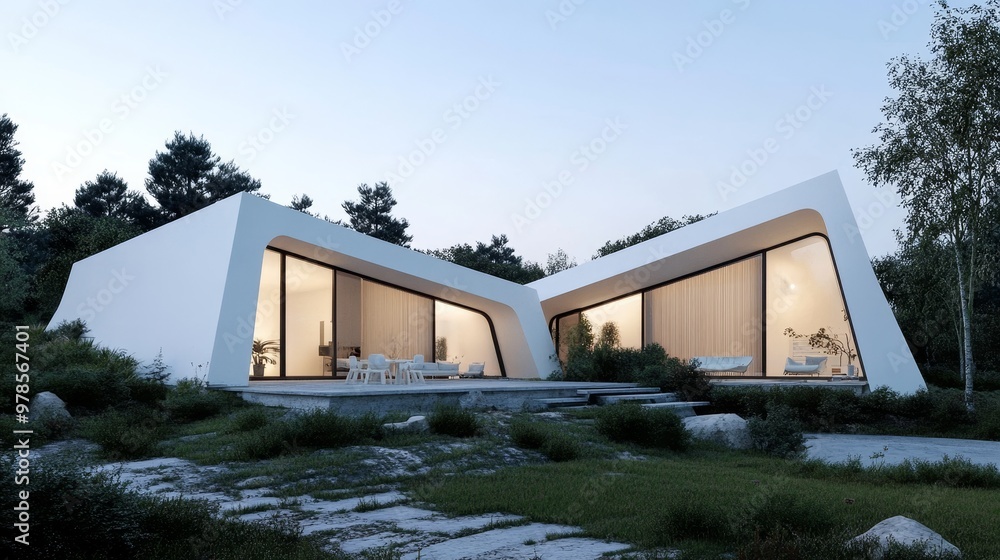 Poster modern architecture of a unique house design surrounded by nature during twilight, showcasing clean 