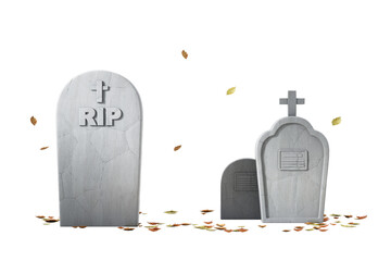 Image shows three gravestones with RIP and cross symbols. white background, with scattered autumn leaves. Represents death and remembrance. 3D Rendering