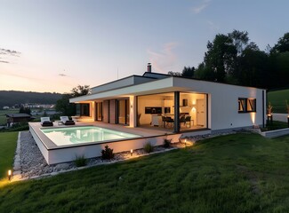 Modern House with Swimming Pool at Dusk