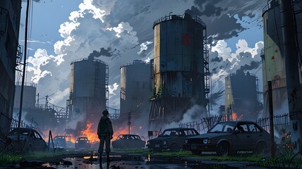 A lone figure wearing a hazmat suit stands in a desolate post-apocalyptic landscape with echoes of the past