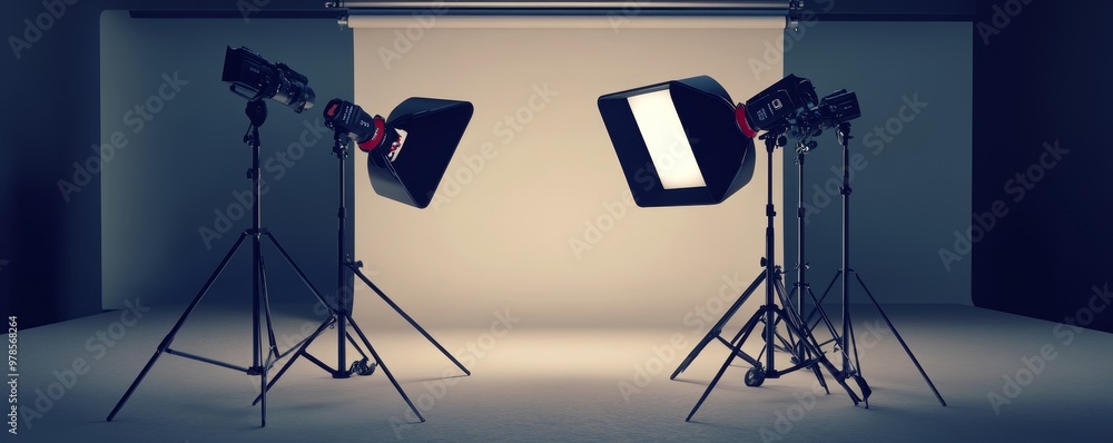 Poster professional studio setup with softbox lights ready for photography production in a studio environme
