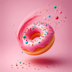 Creative food template. Pink frosting donut doughnut floating flying with dropping colourful sprinkles on pastel background
