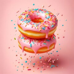 Creative food template. Pink frosting donut doughnut floating flying with dropping colourful sprinkles on pastel background
