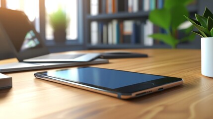 Stylish smartphone on a wooden desk with soft sunlight, showcasing a modern workspace ambiance and productivity elements.