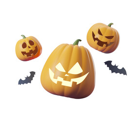 Three Halloween pumpkins with glowing faces and two bats, all on a white background. 3D Rendering. Concept of Halloween decoration and celebration