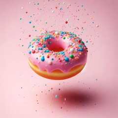 Creative food template. Pink frosting donut doughnut floating flying with dropping colourful sprinkles on pastel background
