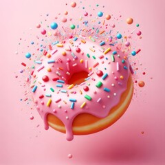 Creative food template. Pink frosting donut doughnut floating flying with dropping colourful sprinkles on pastel background
