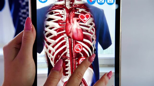 The teacher interacts with a tablet displaying an augmented reality application that demonstrates human anatomy.