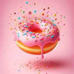 Creative food template. Pink frosting donut doughnut floating flying with dropping colourful sprinkles on pastel background
