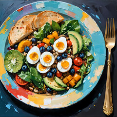 A visually striking plate filled with a colorful meal, designed to attract attention for promotional purposes. generated ai