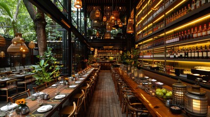 Sophisticated corporate event venue featuring elegant table arrangements and ambient lighting