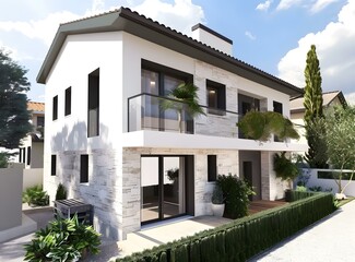 Modern White House With Balcony And Stone Wall