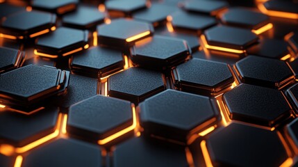 Obraz premium Futuristic hexagon grid, metallic texture, reflective surfaces with glowing edges, set against a sleek black background, high-tech aesthetic, Steampunk, Crisp Details