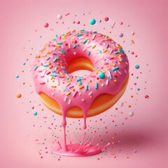 Creative food template. Pink frosting donut doughnut floating flying with dropping colourful sprinkles on pastel background
