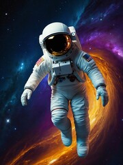 Fototapeta premium A lone astronaut wearing a white space suit with a gold-tinted visor in a vast, starry space with vibrant, electric blue and purple hues