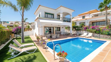 Fototapeta premium Stunning white villa in algarve, portugal featuring expansive lawn and inviting swimming pool