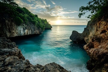 Fototapeta premium Sea Cliff Cove at Sunset with Turquoise Water