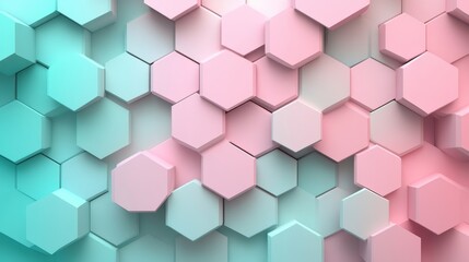 Geometric hexagonal grid, pastel pink and teal, soft shading for 3D effect, modern minimalism, calming flow with smooth edges and transitions