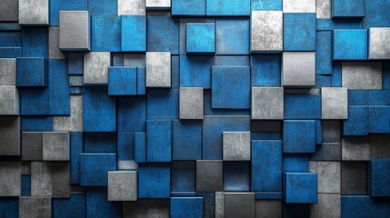 Geometric brick wall made of metallic panels, glowing blue and silver edges, symmetrical patterns, top view, showcasing balance and precision, cybernetic tone, Complementary Color Scheme