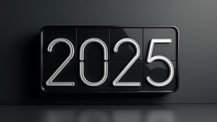 A digital flip clock displays the year "2025" in bold white numbers against a dark background, symbolizing new beginnings and anticipation for the upcoming year. Perfect for New Year's themes.