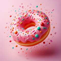 Creative food template. Pink frosting donut doughnut floating flying with dropping colourful sprinkles on pastel background
