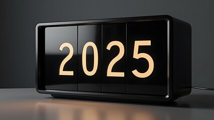 A digital flip clock displays the year "2025" in bold white numbers against a dark background, symbolizing new beginnings and anticipation for the upcoming year. Perfect for New Year's themes.