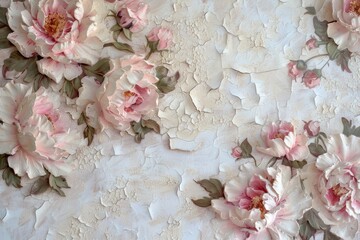 Peony Blossom Wall Mural, a textured backdrop featuring painted peonies on a weathered wall, perfect for enhancing any room's interior with its charming vintage appeal.