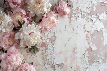 Peony Elegance on Weathered Walls, a vibrant wall mural featuring painted peonies against a textured shabby backdrop, perfect for enhancing any interior space with charm.