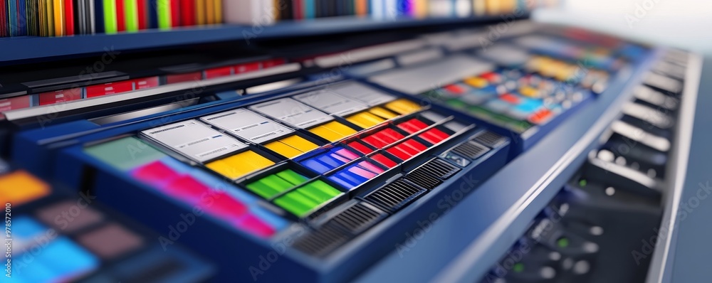 Poster close-up of a colorful electronic control panel with vibrant buttons and sliders, perfect for techno