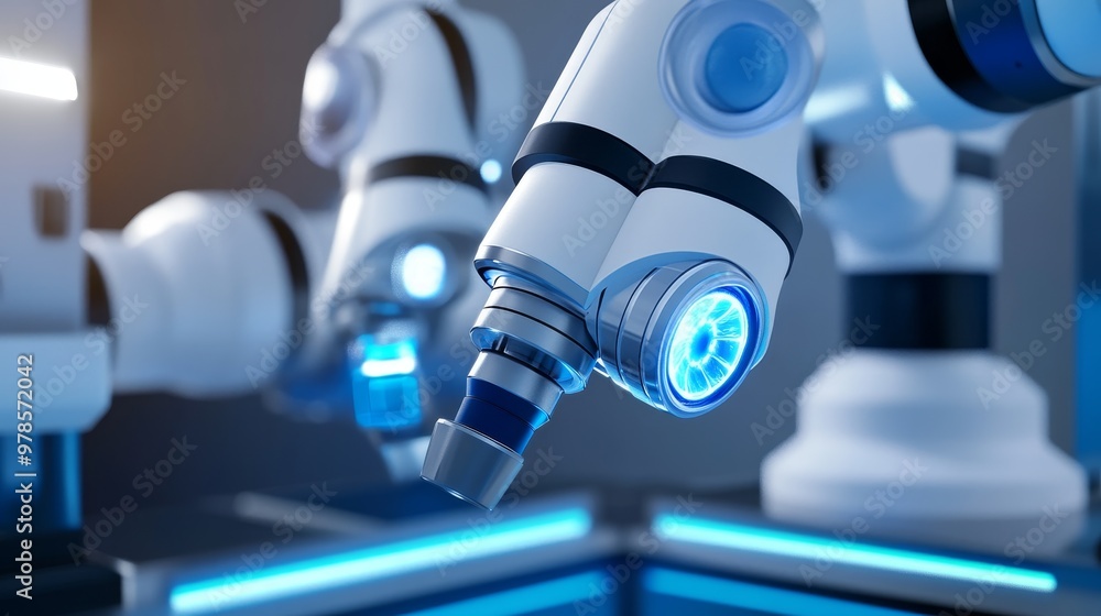 Poster close-up of a futuristic robotic arm featuring advanced technology and glowing lights, highlighting 