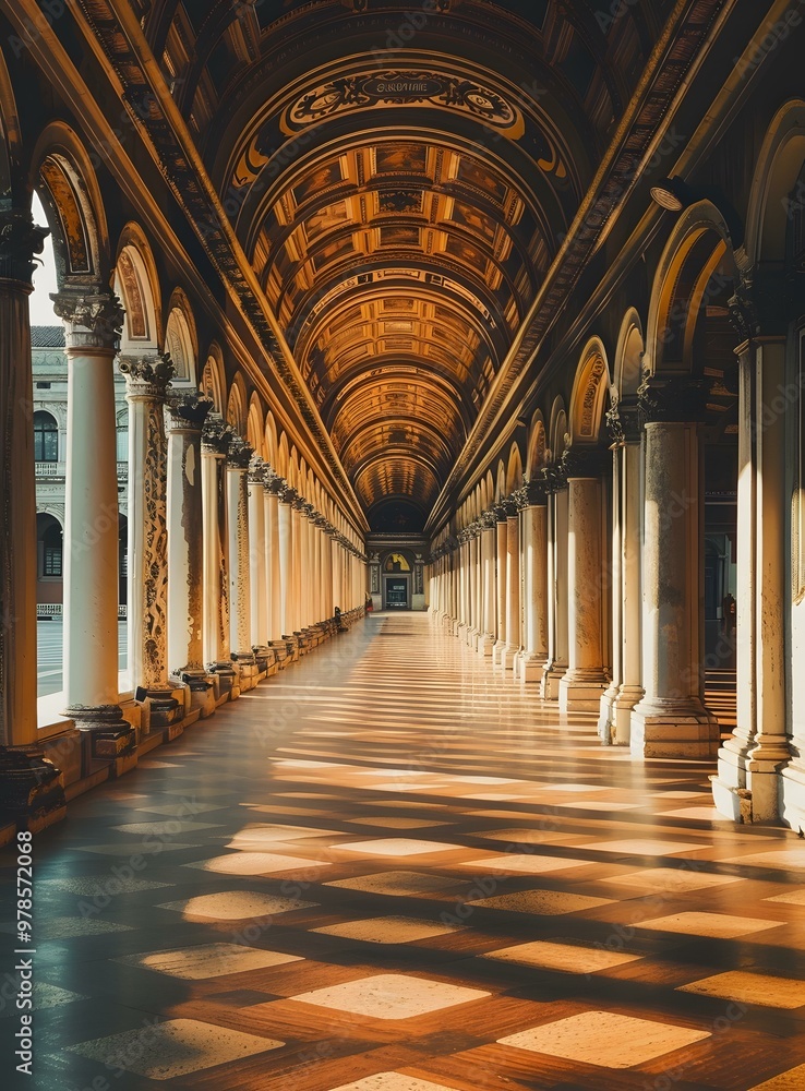 Wall mural Long Hallway with Columns and Archway in a Historic Building