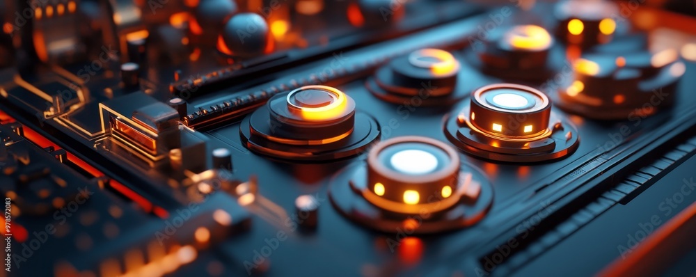 Aufkleber close-up of a modern circuit board with illuminated buttons, showcasing advanced technology and intr