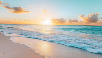 Obraz premium Crystal-clear turquoise waters with gentle waves lapping at a pristine beach under a golden sunset