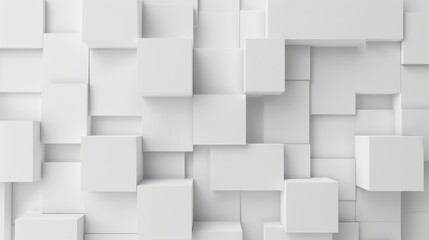 Futuristic Wall of 3D Blocks, a sleek arrangement of geometric shapes creating a modern backdrop, complemented by a white wallpaper offering ample copy-space for design elements.