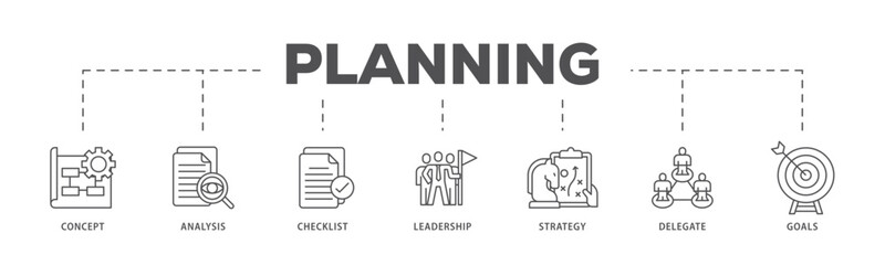 Planning infographic icon flow process which consists of concept, analysis, checklist, leadership, strategy, delegate and goals icon live stroke and easy to edit 