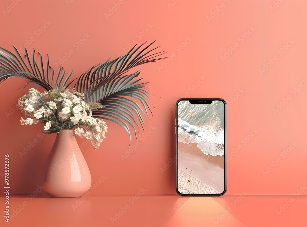 Canvas Prints coral background with palm leaves and phone mockup