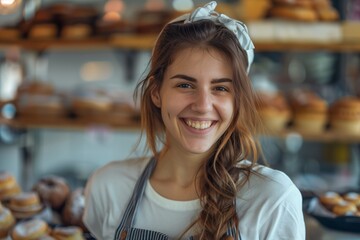 Young beautiful woman in a bakery shop.  AI generative