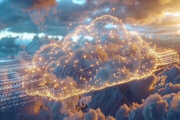 Cloud integration and data synchronization visualized through dynamic digital data streams