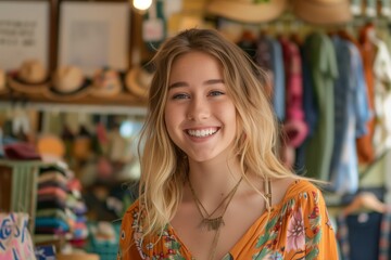 Obraz premium Young beautiful woman in a clothing store. AI generative