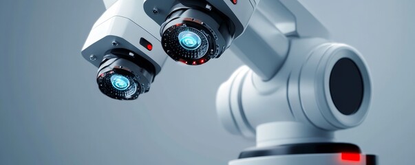 Close-up view of a robotic arm with dual lenses, showcasing advanced technology and precision in automation and engineering.