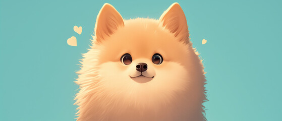 Obraz premium cute cartoon illustration of an adorable Pomeranian dog, with soft fur and large expressive eyes, looking directly at the viewer against a pastel blue background