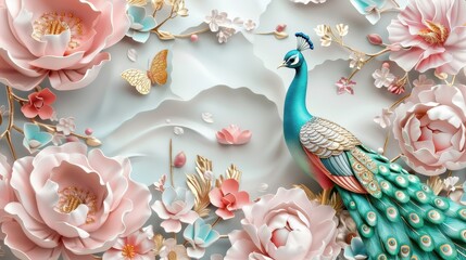 Vibrant 3D Floral Design Featuring Peacock and Butterfly on Abstract Background, colorful blooms intertwine with a majestic peacock and delicate butterfly, creating a stunning visual experience.