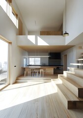 Naklejka premium Modern Open Concept Kitchen with Wooden Stairs and Large Window